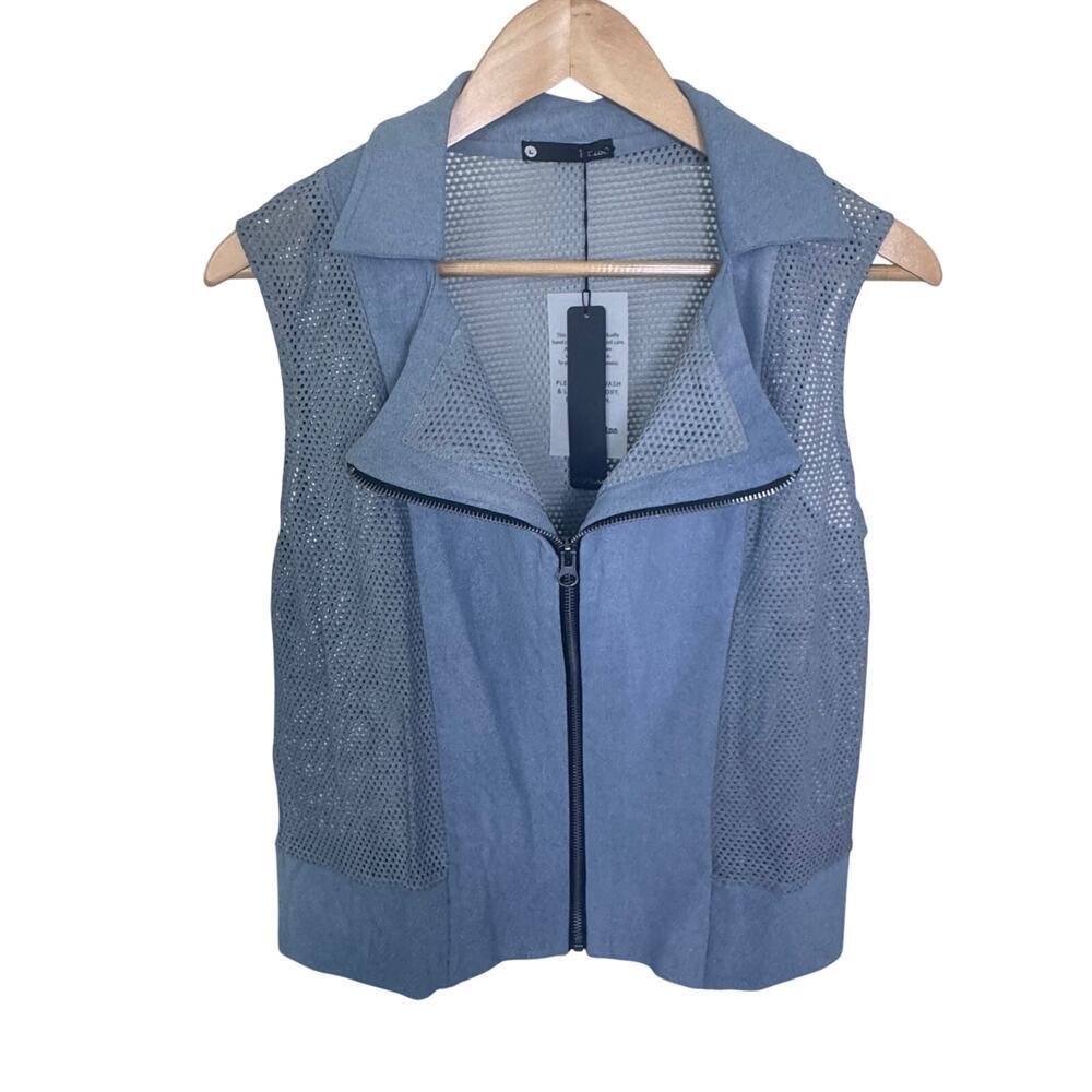 New KRISA‎ x Revolve Mixed Coated Knit / Mesh Slate Blue Gray Vest Women's Sz L